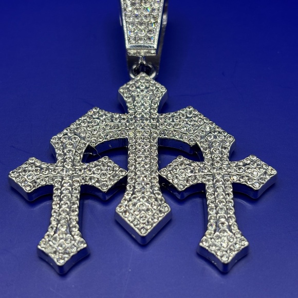 Silver tone Big iced out triple cross pendant 3A CZ rapper jewelry no chain - Picture 3 of 3